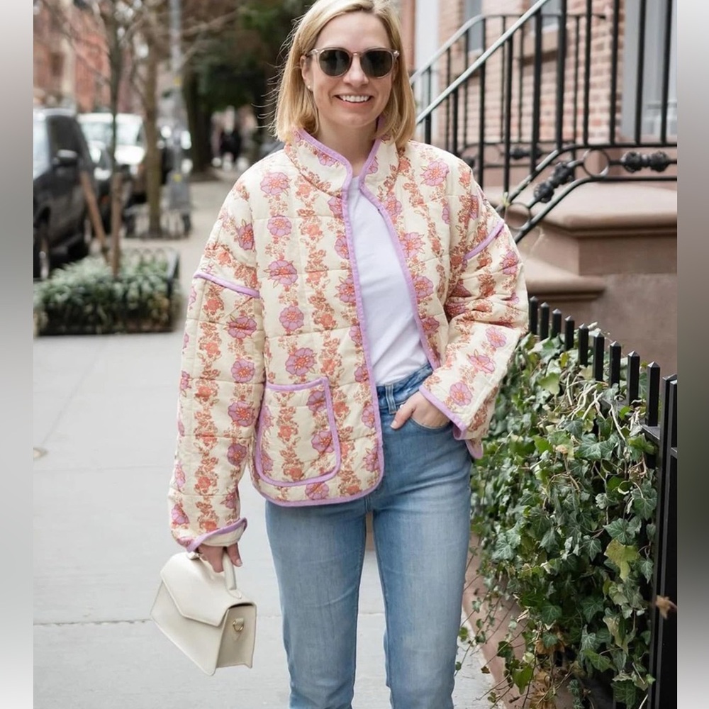 NWOT Women Floral Quilted Puffer Jacket Cropped Lightweight Patchwork Vintage - Picture 2 of 9